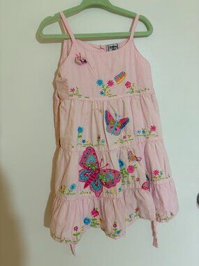 Cotton Kids Pink Butterfly Embroidered Tiered Sundress - Girls Size 4